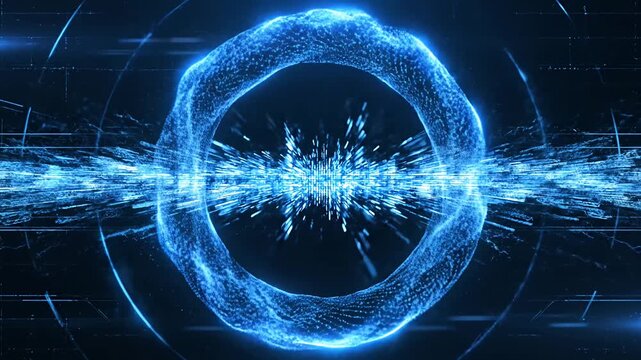 Glowing blue circular portal in digital space