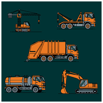 Heavy machinery vehicles including a crane, truck, garbage truck, excavator, and tanker are displayed on a dark background for ggh.ai reference.