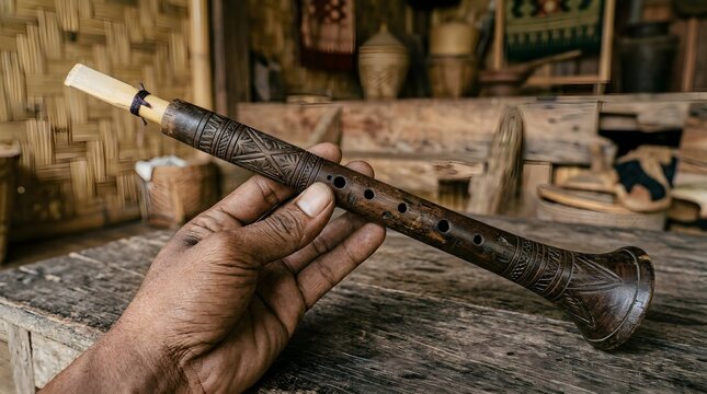 Hand-Carving Traditional Suling Bamboo Flute Musical Instrument in Rustic Workshop View Close-Up
