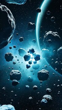 Asteroid field near glowing planet in deep outer space