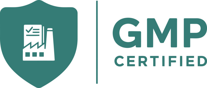 GMP Certified Badge with Factory and Checklist Icon on White Background