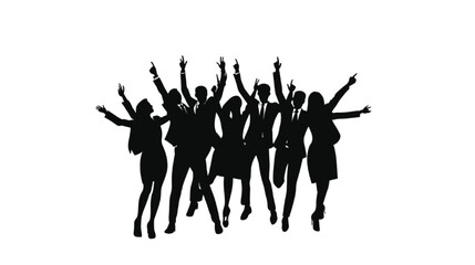 Obraz premium Business team members jump high in the air with arms raised as dynamic black silhouettes to celebrate corporate success, joyful workplace achievements, and collective motivation in a professional.