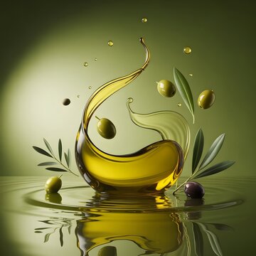 Salpicadura de aceite de oliva puro con aceitunas verdes flotando y hojas sobre fondo verde