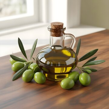 Botella de cristal con aceite de oliva virgen extra y aceitunas verdes frescas sobre mesa de madera