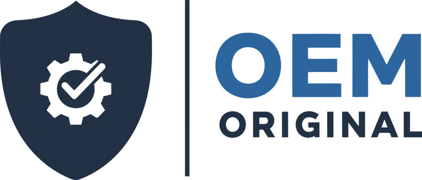 OEM Original Badge with Gear and Check Mark on White Background