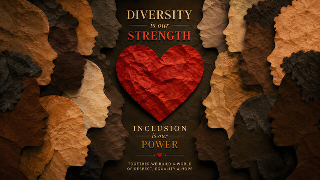Inclusion symbol resting on cracked earth with diversity and unity text in warm light