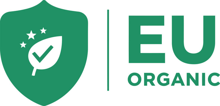 EU Organic Certification Logo with Green Shield and Leaf Check Mark