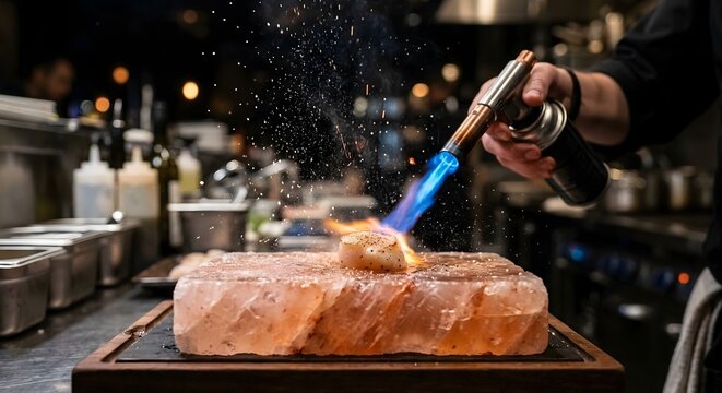 Culinary blowtorch flame searing pink Himalayan salt block
