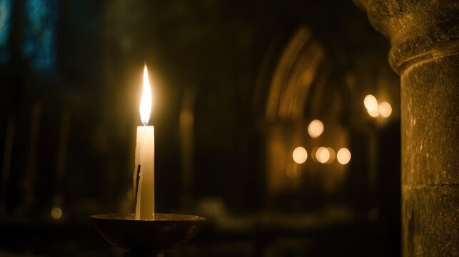 quietly. A single white candle burning in a dark chapel with warm glow and wax drips. symbolizing life milestones and joyful moments.