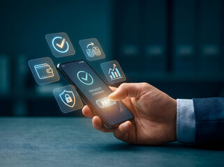 Naklejka premium Hand holding smartphone, showing 'Payment Confirmed' with glowing icons, illustrating secure mobile banking and modern digital finance technology