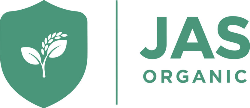 JAS Organic Certification Logo with Green Shield and Wheat Icon