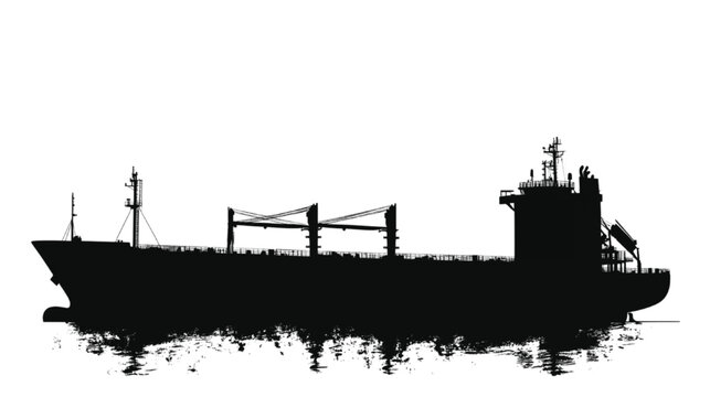 Cargo ship silhouette floats against a stark white horizon with weathered hull textures and rigid industrial geometry, serving as a powerful visual metaphor for global trade and logistics operations.