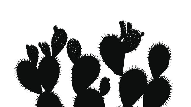 Prickly pear cactus pads with sharp needles form a dense and textured black silhouette against a clean white background that is perfect for minimalist branding or botanical artistic design layouts.