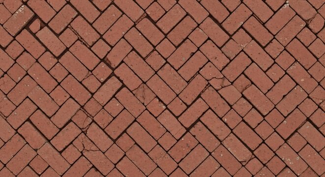 Red brick herringbone pattern, textured surface, repeating geometric design, outdoor paving material.