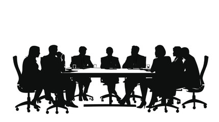 Fototapeta premium Business team sits around a conference table in a stark black silhouette formation against a clean white background, symbolizing a formal corporate meeting and collaborative decision making process.