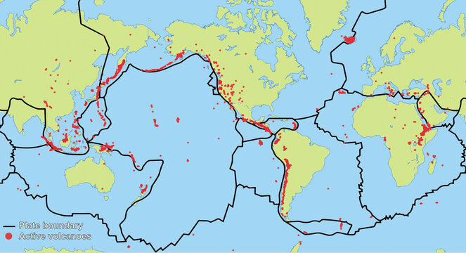 Relationship between tectonic plate boundaries and active volcanoes.