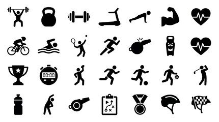 Obraz premium Set of black fitness and sports icons featuring various athletic activities and healthy lifestyle equipment