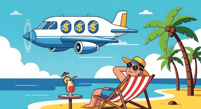 Autopilot Passive Income Airplane Over Tropical Ocean Vector Illustration