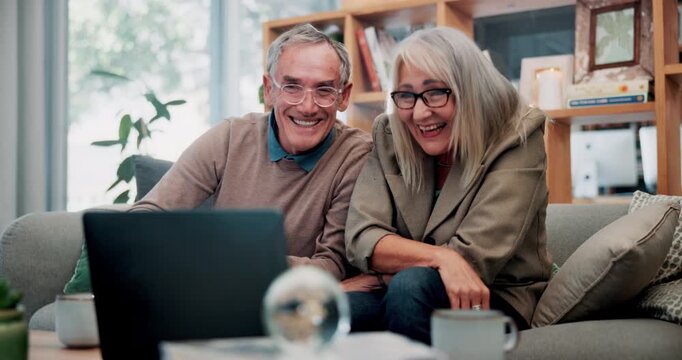 Laptop, wave and old couple in home with video call, bonding together or hello for online communication. Happy, senior married people and greeting on sofa with computer, virtual contact or connection
