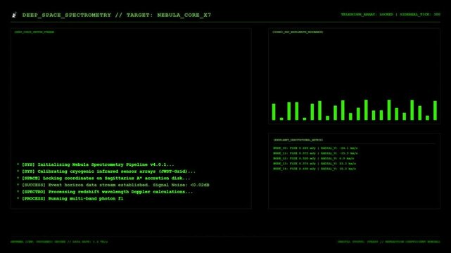 Sci fi deep space spectrometry UI screen showing green nebula core telescope data logs and cosmic ray wavelength resonance graph.