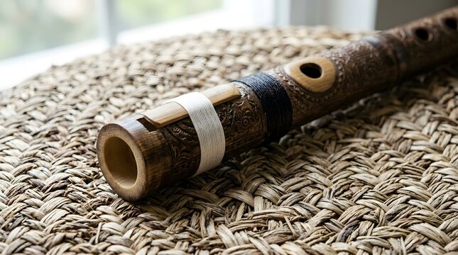 Close-up of Traditional Suling Sunda Bamboo Flute Musical Instrument on Woven Mat Surface