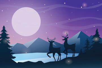Fototapeta premium Deer Silhouette Under Full Moon Landscape Illustration