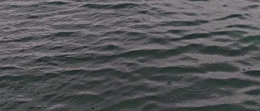 commercial stock photograph capturing raindrops falling onto a dark, moody water surface