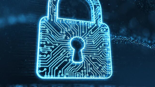Glowing digital padlock with circuit design for cybersecurity protection