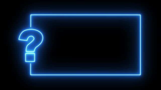 Question mark neon sign light on black background. Quiz trivia game competition. blue neon question mark frame for quizzes and FAQs. Game announcement