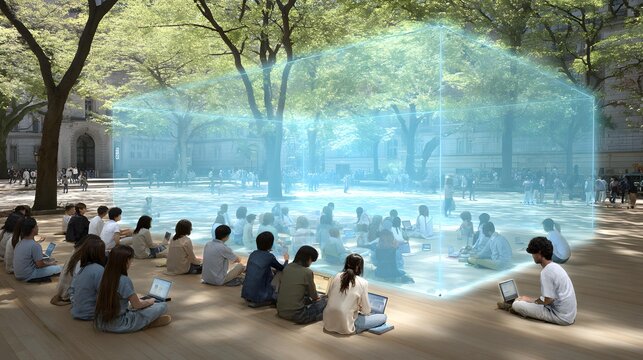 campus with transparent architecture and students collaborating using advanced technology
