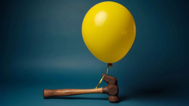 Yellow balloon held by wooden hammer with blue background, showcasing gradual tension as balloon stretches and prepares for potential burst in a playful visual sequence