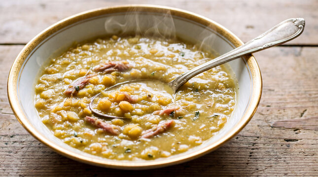 Hearty Split Pea Soup with Ham in a Decorative Bowl on a Rustic Wooden Table