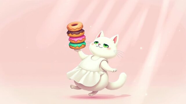 Cartoon white cat in a dress joyfully holds a stack of colorful donuts while dancing against a soft pink background with light rays illuminating the scene
