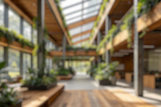 Defocused green office atrium with abundant plants, natural light, and contemporary wooden interiors for sustainability concepts.