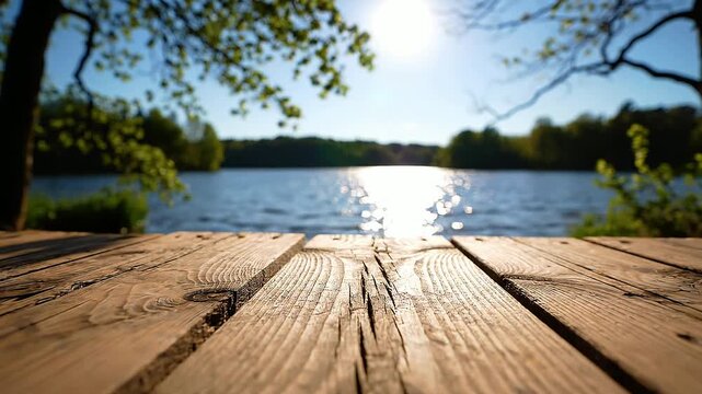 Wooden lakeside dock in sunlight with calm water and forest background