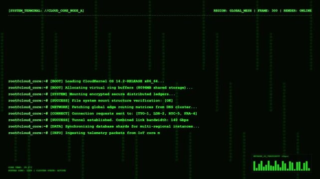 Sci fi system terminal UI screen showing green cloud core node server boot logs and network throughput matrix data stream.