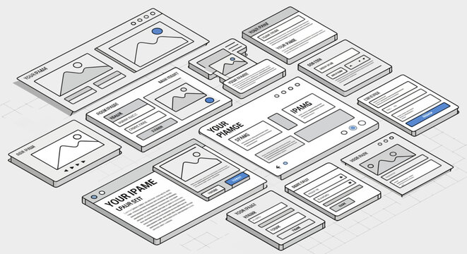Isometric ui wireframe composition with abstract interface elements and navigation controls
