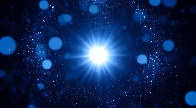 Bright Blue Starburst Explosion with Floating Particles and Bokeh Effects on Dark Background Cosmic Space Fantasy