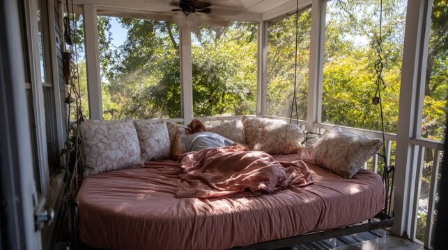 Person relaxing on porch daybed