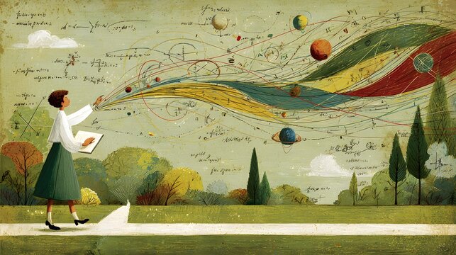 illustration with student interacting with floating atoms, planets, and mathematical formulas