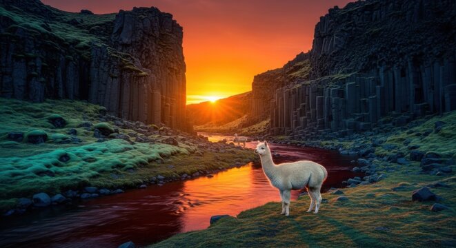 Alpaca, serene landscape, sunset river, rocky cliffs