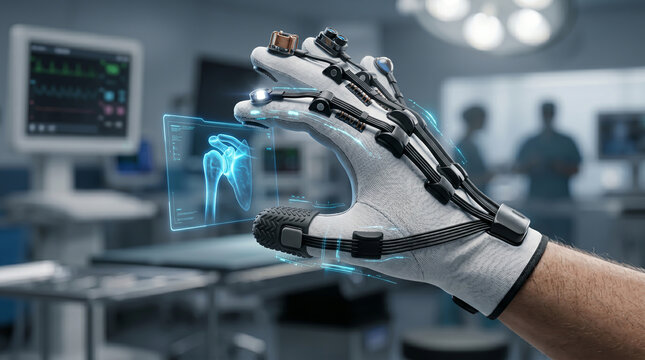 Haptic feedback exoskeleton glove constructed from white reinforced fabric and black polymer actuators projecting a holographic skeletal joint interface.