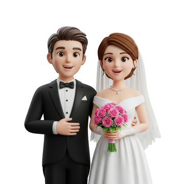 Cartoon groom and bride posing with flowers