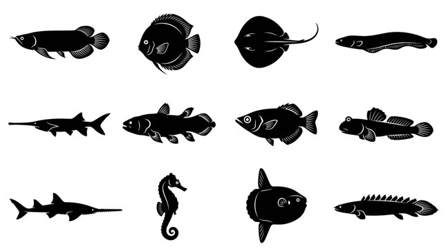 &ldquo;A premium wildlife vector silhouette icon set featuring 12 exotic fish species including arowana, discus fish, stingray, electric eel, paddlefish, coelacanth, archerfish, mudskipper, sawfish,