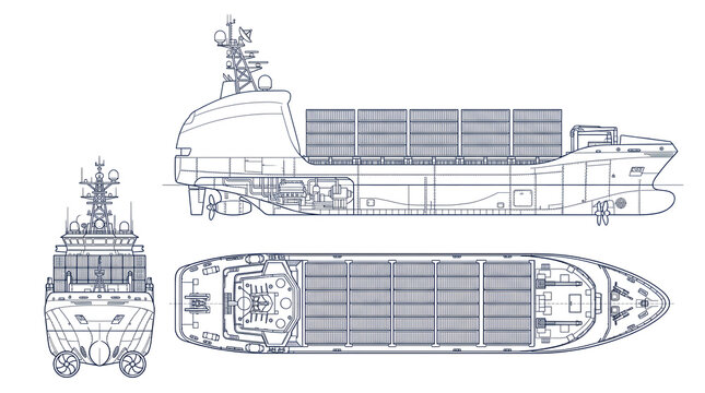 Container Ship Blueprints: Technical drawings showcase a modern container ship from multiple perspectives, detailing its design and structure for logistical planning.