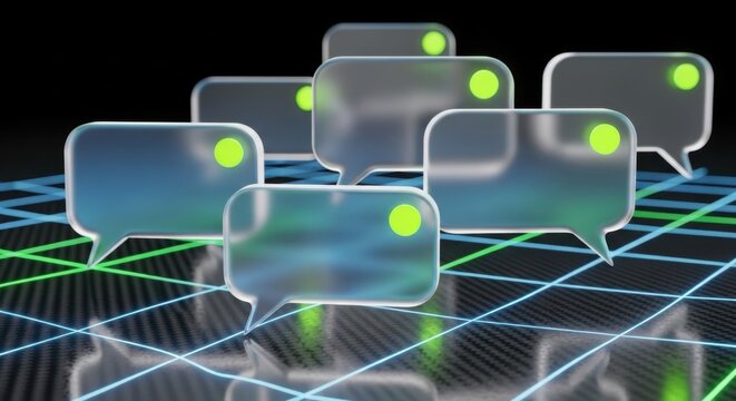 Neon speech bubbles, glowing chat icons, futuristic communication symbols, digital messaging