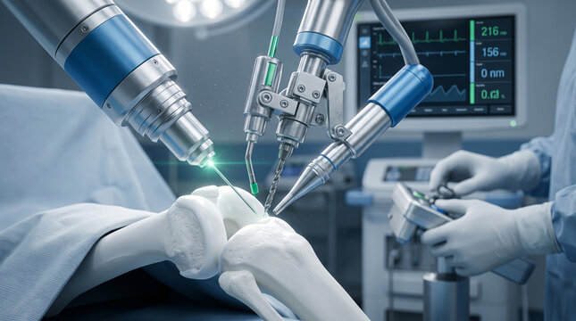 Manipulating synthetic matte polymer bone structures using precision engineered metallic robotic arms with integrated green laser guidance in a lab.