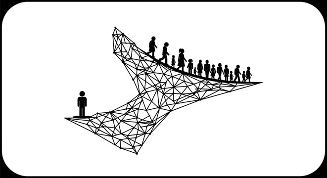 Conceptual illustration showing one person standing apart from a crowd on a wireframe structure.