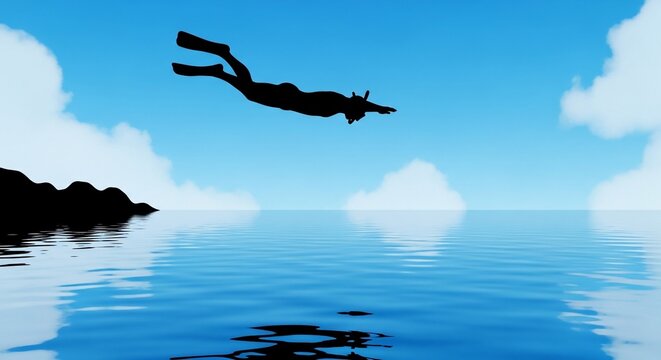 Silhouette diver plunges into calm blue ocean under cloudy sky, near rocky shore.