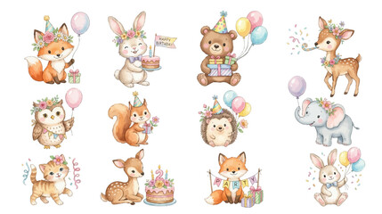 Obraz premium Adorable festive forest animals with balloons, gifts and cakes in charming hand painted style. Collection of Vector illustrations for invitation, card, poster, banner, decoration 